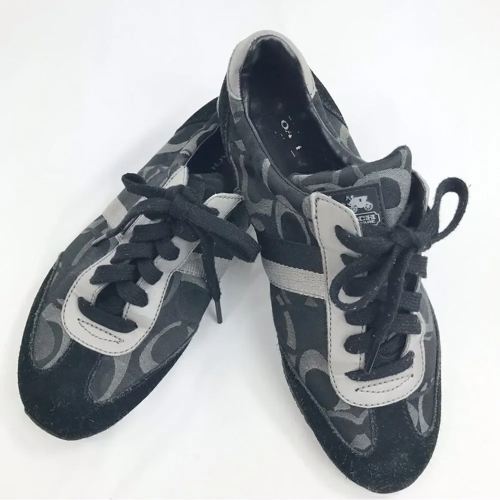 Coach KINSLEY  Black Gray Optic Signature Fabric Suede Lace Up Sneakers